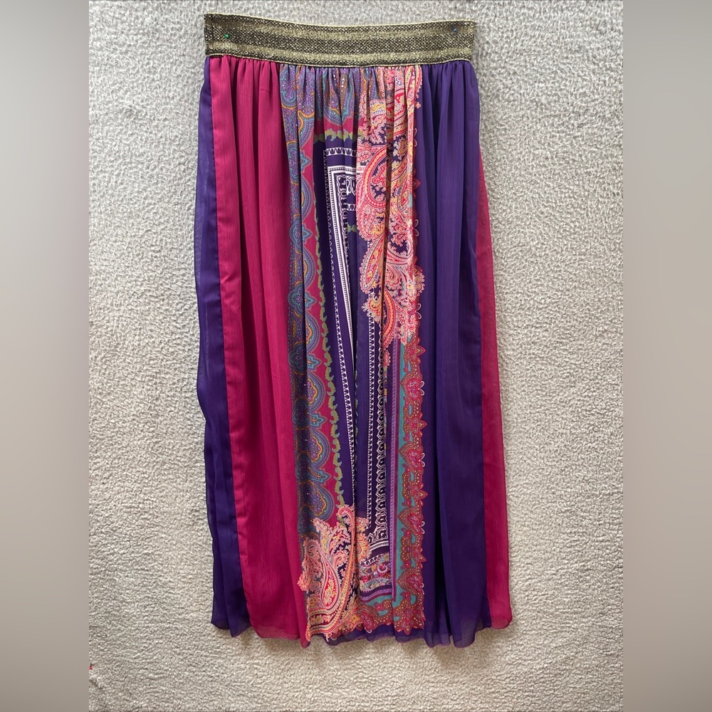J Peterman Womans Skirt Colorful Strips elastic gold waist band Size 4 Boho